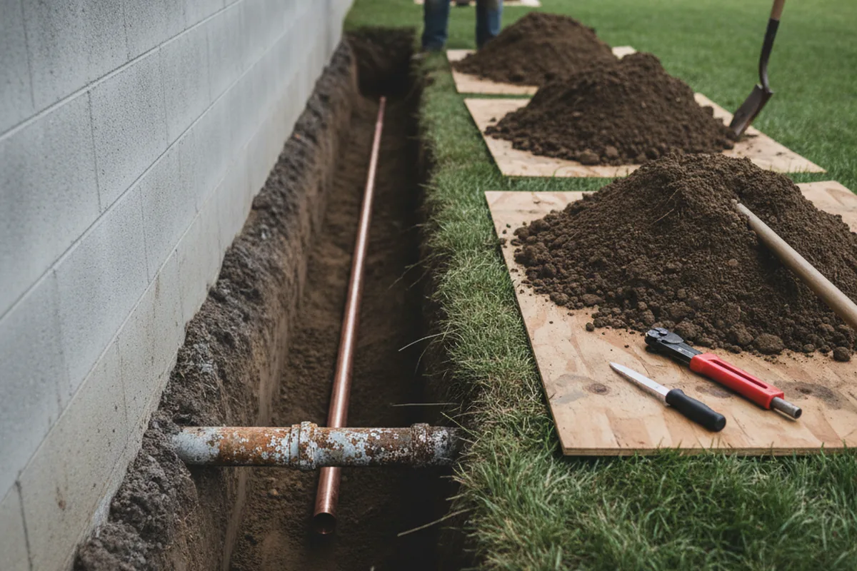 Excavated water line trench during Water Heater Repair in San Leandro